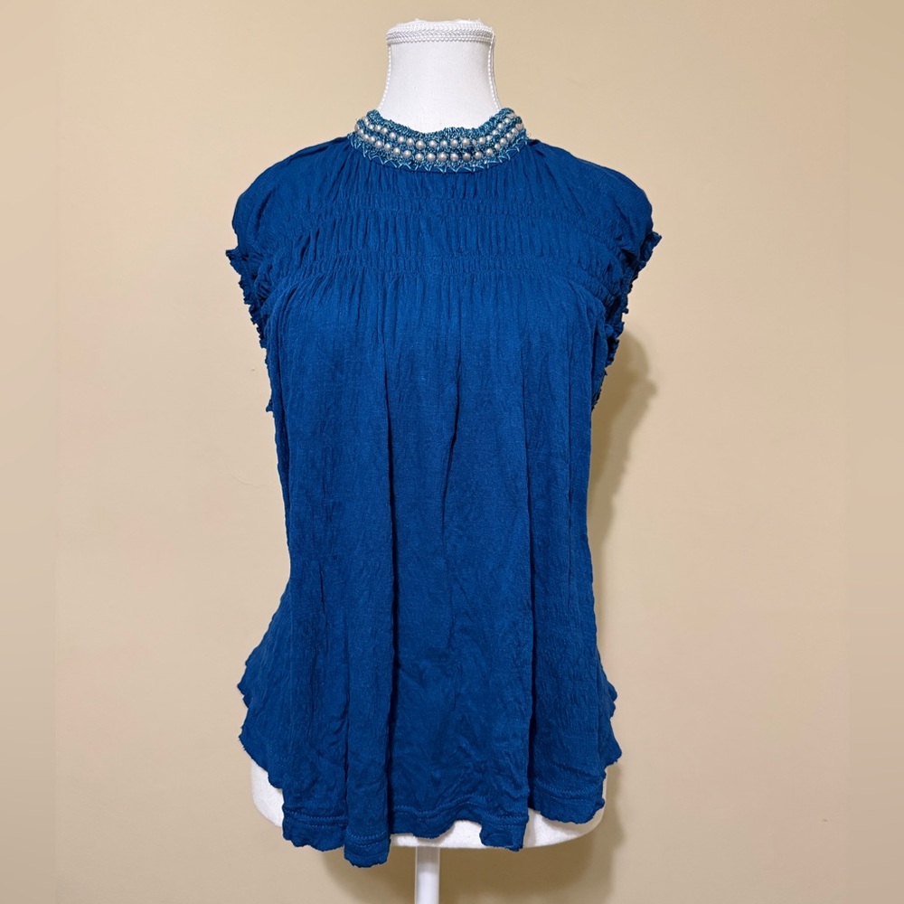Free People Blue Blouse Crochet Pearl Collar Ruffled Flowy Boho Top Womenβs M